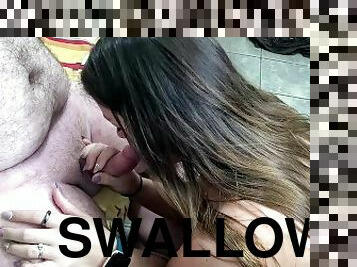 Ava swallows old man cum