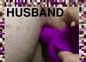 Husband fucks wife’s pussy with toy doggy style