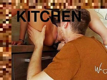 Part 1 - Rough sex in the kitchen ending w/ a huge cumshot - Homemade sextape of passionate couple