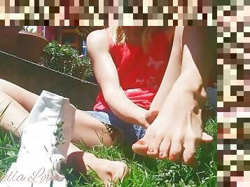 girl wearing her White Ninja shoes in the garden