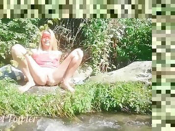Sexy girl pissing on the grass between the forest river - almost caught by strangers Angel Fowler