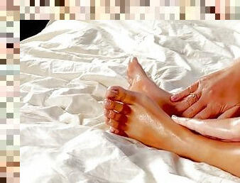 Sexy Oiled Foot Massage On Bed With Soles Of Feet Yuzu Mori Side Angle 4K
