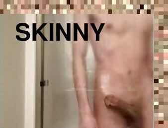 Skinny Twink Rubbing his HUGE cock in the shower against GLASS