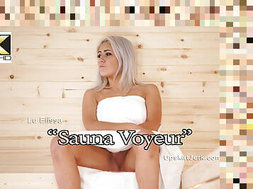 masturbácia, kamera, voyeur, vyhrnutá-sukňa, blondýna, sauna, fetišistické, sólo