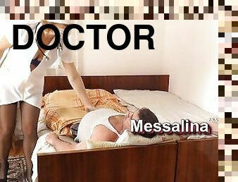 Injection Doctor Woman came to see patient but forgot panties. Nurse Stockings High heels No panties