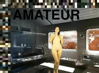 Bathroom Piss. Naked reading. High tech room in cosmos. Julia V Earth.