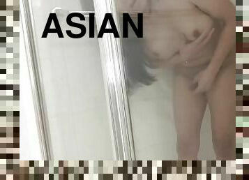 Asian shemale pee & masturbate her cock in the shower