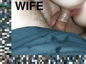 The blonde wife sits on two elastic dicks with her vagina and jumps.