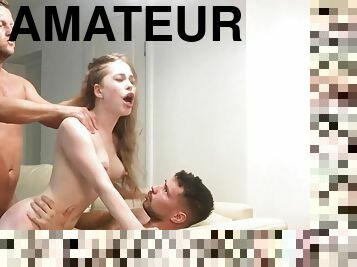 Sexy teen amateur filmed in her marvelous home trio taking cock like a pro