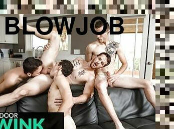 orgie, blowjob, homofil, gruppesex, kyssing, muskuløs, twink, tattoo, pikk