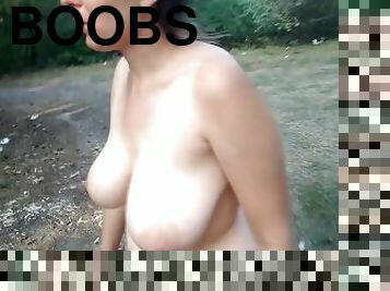 Topless in forest