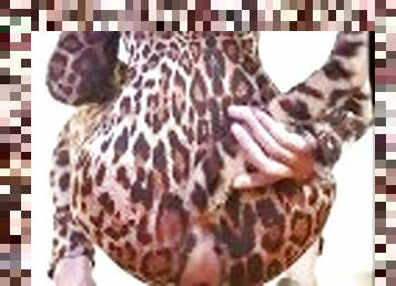 A pet wearing a leopard print costume. Play alone in the anus