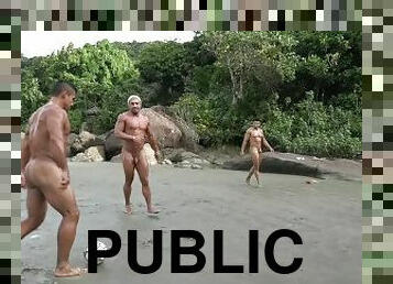 público, desporto, gay, sexo-em-grupo, praia, musculado, posando, futebol