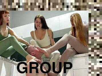 Group Foot Worship Femdom - One Slave Serves The Bare Feet Of Three Mistresses