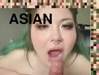 Asian cat girl gives messy blowjob w facial