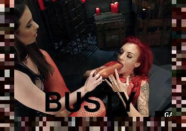 Busty ginger sub gets huge dildo pushing into her gaping ass
