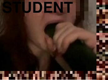 stupid student girl rips her throat with cucumber while learning to suck