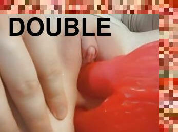Double headed dildo trans guy does double penetration with his new dildo FTM