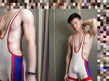 JYAU trying leather suit, harness and wrestling suit teaser video
