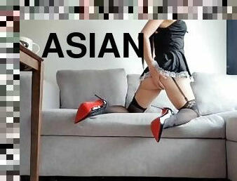 asiatique, femme-de-ménage, masturbation, esclave, secousses, bas, ejaculation, chinoise, femme-dominatrice