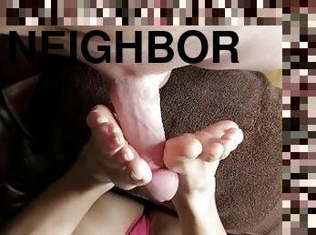 Thick cock gets a foot job and creams the neighbor lady's toes