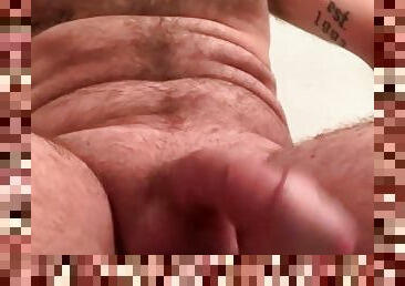 Throbbing cock bounces with no hands on the edge of the toilet seat