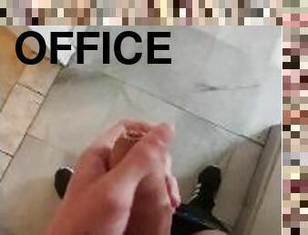Teen jerking off in the office corridor, dares to leave restroom with dick out