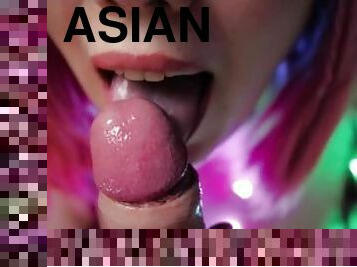 Pretty Asian girl with pink hair sucks dick juicy in close-up pov