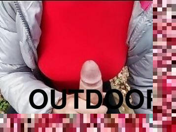 Outdoor handjob in forest - cum on clothes