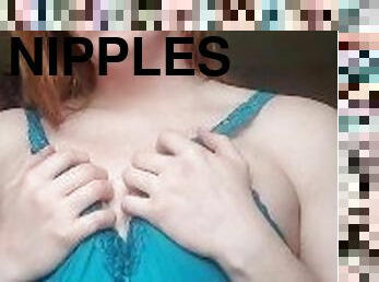 Blue eyed ginger trans woman plays with her tits and nipples