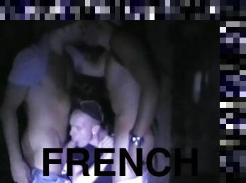 french slut with tatoos fucked by his 2 friends in discrer basement for gang bang