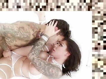 Tattooed Spreads Her Long Legs And Slides A Gl