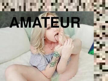 amatør, slave, føtter, cum, blond, petite, fetisj, alene, footjob