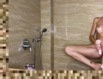 Ukrainian Blonde Girl during Orgasm in hotel shower fantasies about Strong Huge Cock