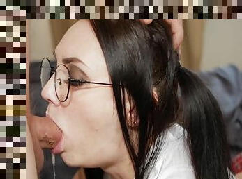 Bespectacled Wench Gives Gentle Foul Blowjob To Her Prurient Male