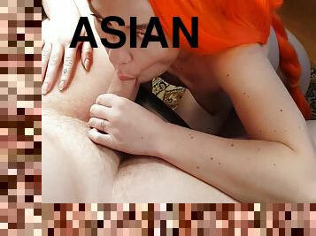 Red-haired Asian Woman Took In Her Mouth Under The Table 5 Min