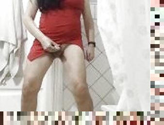 Daniela Monroe TV, sexy red dress and high heels color platform, bathroom, masturbation, anal