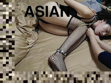 asiático, juguete, japonés, sadomasoquismo, medias, lencería, fetichista, amordazada, bondage, dominación