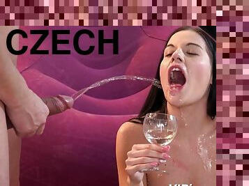 A glass cup of hot piss for slutty Czech teen Doroty