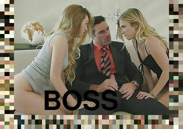 Successful rich boss gets threesome with 2 young blondes