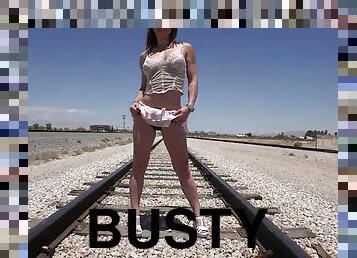 Fit & busty stripper MILF sucks & fucks in POV on train tracks