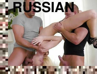 Russian Teen Blonde Gangbangs By Three Thick Pussy-Pokers