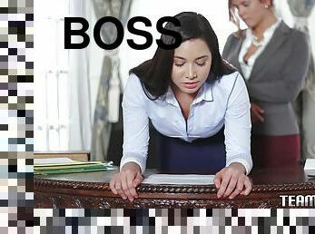 Boss lady strap fucks submissive lesbian secretary b4 ass eating
