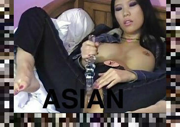 Asian chick fucking in crotchless jeans