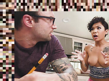 Interracial kitchen fuck on the stool with tattooed Honey Gold