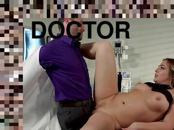 Horny doctor checks a patient with fingers, tongue and dick