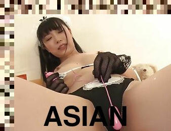 Brunette Asian maid got fucked after playing sex toys