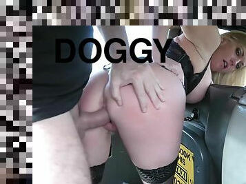 Fake taxi driver puts blonde into doggy position for fuck