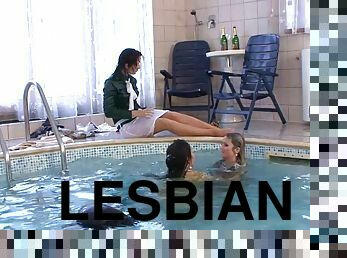 babes, lesbiana, trío, piscina, fetichista, salvaje