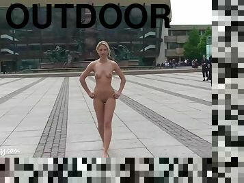 Horny blonde Celine outdoor public naked